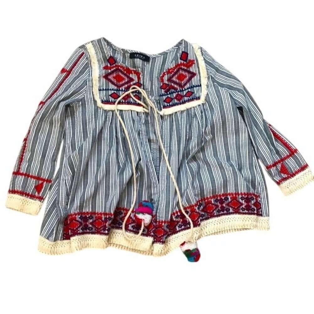 Akira Womens Embroidered Boho Top SmallTassels Fringe Trim Striped Boho